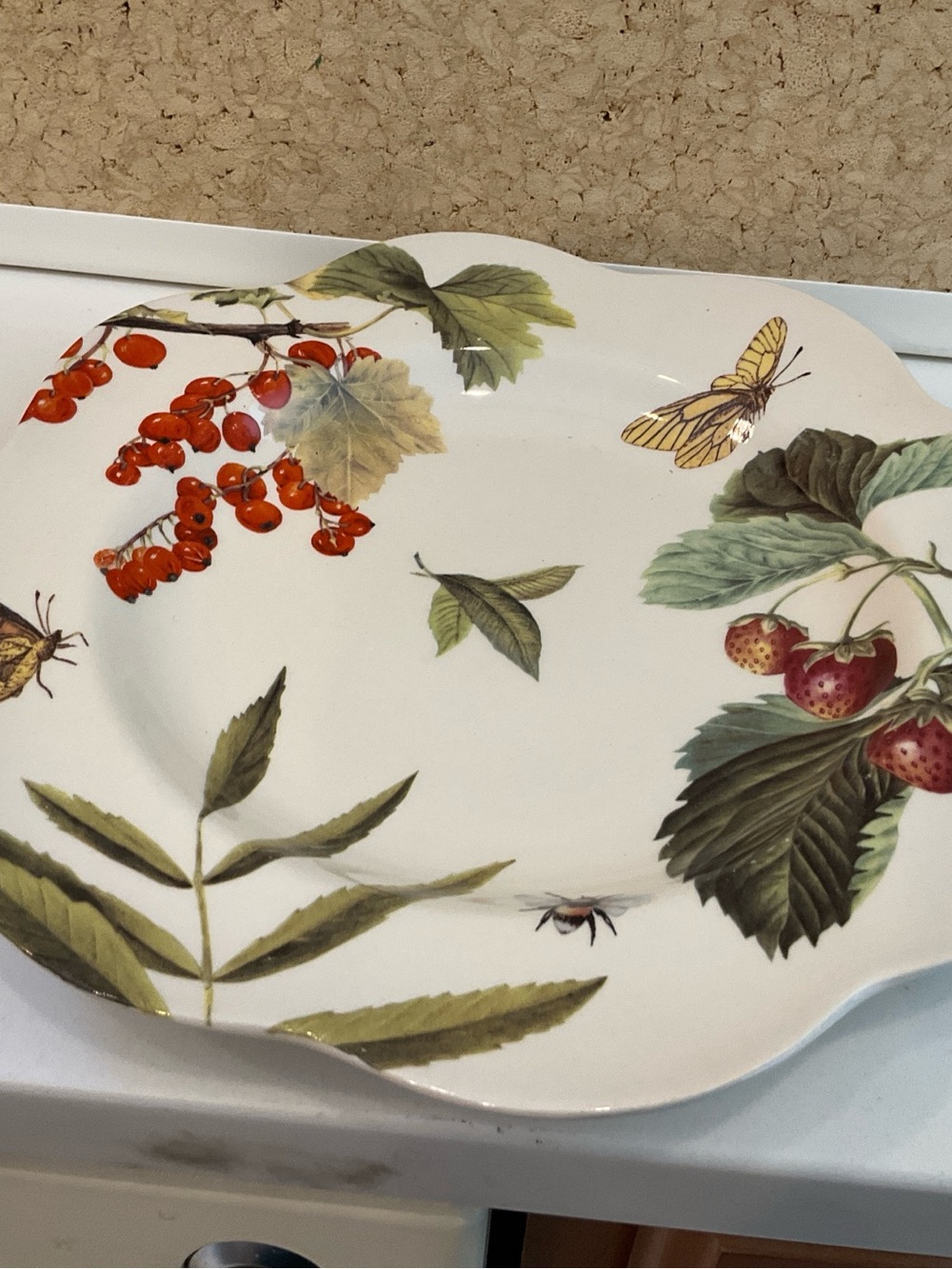 Botanical Ceramic Serving Platter in White with Red and Green Accents